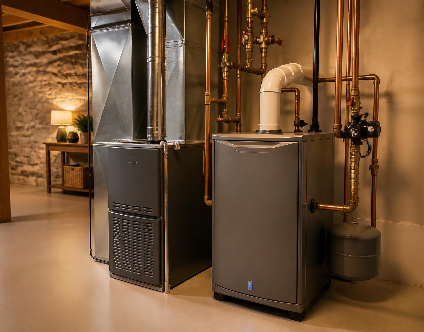 Residential furnace and boiler in a basement mechanical room